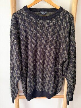 Jantzen Vintage Knit Sweater Men’s Size XXL Tall Navy Tan Pattern Crewneck